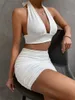 Kvinnors stickor Tees wsevypo Summer White 2 Pieces kjolar Set Suits Tind Up Halterneck Crop Tank Tops Ruched Wrapped Mini Kirt Party Clubwear 230110