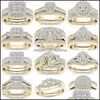 Bröllopsringar 2st bruduppsättning elegant kristallförlovningsring lyxguld färg rund hjärta zirkon för kvinnor boho smycken 1892 t2 dr dhga3