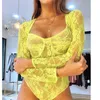 Kvinnors tvåbitar byxor OMSJ 2023 Fashion Mesh Lace Bodysuits Women Neon Yellow/Black Long Sleeve One Rompers Sping Elegant Playsuits Club o