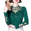 Women's TShirt M4XL Elegant Lace shirt Autumn Winter drilling longsleeved Tshirt Flowers Mesh Tops Blusa 230110