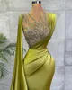 2023 Mermaid Evening Dresses Wear Arabic Lemon Green Satin Sheer Mesh Top Sequin Crystal Beads Ruched Party Formal Occasion Gowns Sweep Train Robe de soriee