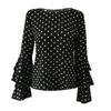 Kadınlar bluz gömlekleri 2023 Kadınlar Blusas Polka Dot Baskı Parlaması Kollu O-boyun uzun şifon bluz üstleri Kore Beyaz Siyah