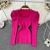 Women's Sweaters Autumn And Winter Retro Temperament Long-sleeved T-shirt Women's Puff Sleeves Square Collar Slim Fit Thin Bottoming