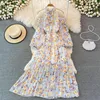 Casual Dresses 2023 Women's Chiffon Print Flowers Halter Neck Off Shoulder Puff Long Sleeve High Waist Big Expansion Maxi Dress