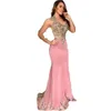 2023 Sexy Pink Mermaid Evening Dresses Wear V Neck Lace Appliques Crystal Beaded Sleeveless Sheer Back Formal Prom Dress Party Gow3060