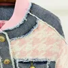 Women's Knits Tees est Designer Suit Set Lion Buttons Houndstooth Tweed Denim Patchwork Tassel Fringed Jacket Mini Skirt 2PCS 230110