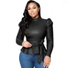 Women's T Shirts Winter Solid PU Leather Top Women Lace Up Turtleneck Shirt Office Lady Elegant Clothing Streetwear With Back Zipper