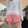 女性のショートパンツ夏の韓国スタイルカジュアルハイウエストグリーンネイビーワイドレッグデニム女性服ルーズジーンズ