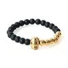 Charm Armband North Skull Armband Mens 8mm Black Stone Beads Elastic Bangle rostfritt stål Northskull för män IB-1441