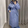 Frauen Unten Parkas 2023 Winter Feste Kapuze Mode Krawatte Gürtel Gesammelt Taille Mäntel Elegante Lange Baumwolle Jacken Weibliche Ladies 230111