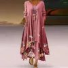 Casual Dresses Women's Flower Printting Vintage Elegant Long-Sleeve Maxi Robes Irregular Hem Plus Size Female Midi Dress 2023