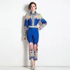 Womens Boutique tryckt tv￥ delar upps￤ttning 2023 Spring Autumn Blue Pants Long Sleeve Set High-End Trendy Lady Shirt Trouser Suits