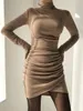 Casual Dresses Women Bodycon Dress Long Sleeve Turtleneck Pleated Irregular Hem Solid Slim Fit Mini For Club Party