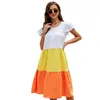 Summer Contrast Color Three Stitching Dress Round Neck Girls Casual Pettiskirt