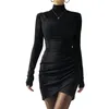 Casual Dresses Women Bodycon Dress Long Sleeve Turtleneck Pleated Irregular Hem Solid Slim Fit Mini For Club Party