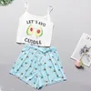 Women's Sleepwear Sexy Female Cute Crop Top & Shorts Suits Lady Women's 2 Pieces Kawaii Strawberry Print Frill Hem Cami Pajama Set