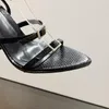 샌들 블랙 럭셔리 디자이너 발 뒤꿈치 여성 2023 섹시한 라인 스톤 스퀘어 버클 여름 신발 발목 레이디스 하이