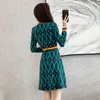 Casual Dresses Winter Autumn Women Vintage Geometric Print Sticked Dress Office Lady Woman Clothing V Neck Long Sleeve Thick Midi tröja