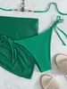 Women's Swimwear 3 Pieces Mesh Skirt Women Luxury Solid Green Bikini Set Beach Bathing Suit Cover Up Thong Swimsuit 230111