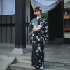 Etniska kläder japanska traditionella svart geisha kimono mantel blommor tryck klassiska yukata kvinnors cosplay klänning satge utför slitage