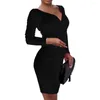 Casual Dresses Women Dress Solid Color High Midist Office Lady Stretchy Deep V Neck Autumn Winter Elegant över knälängd