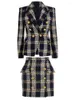 Kvinnors spårningsdräkter Högkvalitativa EST 2023 F/W Designer Set Set Women's Slim Fiting Plaid Tweed Woolen Blazer Jacket Kjol