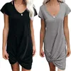 Shoulder Strap V Neck Casual Dresses Short Sleeve Knotted T Shirt Dress Womens