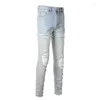 Jeans Homme Arrivées Homme Bleu Clair Déchiré Streetwear Distressed Skinny Stretch Détruit Blanc Pli Patches Slim Fit Pantalon 6624