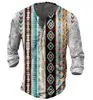 Men's T-Shirts Vintage With Button Ethnic Pattern Print Spring Autumn Loose O-Neck Long Sleeve Oversized T Shirts Male Clothing 230111