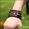 Charm Bracelets Punk Rope Wrap Handmade Leather Wooden Beaded Set For Women Men Vintage Jewelry Accessories Drop Delivery Dhc0P