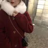 Damskie puch Parkas Red Woman Futro kołnierz pojedynczy piersi Lamblool Coats Zimowe Boże Narodzenie Słodkie ciepłe kurtki luźne koreańskie retro 230111