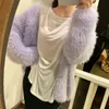 Women's Knits Tees V-neck Furry Loose Knit Cardigan Mohair Crochet Sweater Jacket Faux Fur Plush Velvet Lantern Sleeve Top 230111