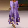 Casual Dresses Women's Flower Printting Vintage Elegant Long-Sleeve Maxi Robes Irregular Hem Plus Size Female Midi Dress 2023