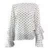 女性のブラウスシャツ2023女性Blusas Polka Dot Print Flare Sleeve O-Neck Long Ciffon Blouse Tops Korean White Black