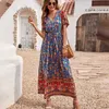 Vestidos casuais verão feminino rayon impresso vestido boêmio manga curta