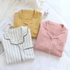 Women's Sleepwear Women's Nightdress Crepe Cotton Korea Vertical Stripes Simple Long-sleeved Nightgowns Double-layered Gauze Shirtdress