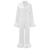 Women's Sleepwear Two Piece Chic Feather Lounge Suits Womens Pajama Set Long Sleeves Faux Fur Custom Bridesmaid Shawel Pajamas