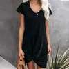 Vestido feminino com alça de ombro e decote em V, manga curta, camiseta com nó