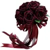 Fiori da sposa Mazzi di fiori artificiali rossi Rose Bride Ribbon Bouquet De Mariage Bridal Demoiselle D Honneur