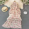 Casual Dresses 2023 Women's Chiffon Print Flowers Halter Neck Off Shoulder Puff Long Sleeve High Waist Big Expansion Maxi Dress