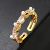 Cluster Rings Gold Color Opening For Women Green Geometry Crystal Imitation Pearl Engagement Ring Zircon Inlaid Wedding Jewelry