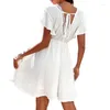 Feestjurken mode slanke taille v-neck vrouwelijke jurk witte korte mouw backless dames drawstring dame elegant
