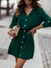 Casual Dresses Green Shirt Spring Women Vintage Turn-Down Collar Långärmad miniklänning med knappar damer Kausal snörning a-line