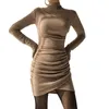 Casual Dresses Women Bodycon Dress Long Sleeve Turtleneck Pleated Irregular Hem Solid Slim Fit Mini For Club Party