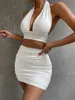 女性のニットティーwsevypo夏ホワイト2ピーススカートセットスーツの締め切りホルターネッククロップタンクトップ