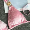 Women's Swimwear Crystal Bikini Set Bandage Velvet Pink Swimsuit Bathing Suit Women Sexy Thong Gold Stone Beach Wear 230111