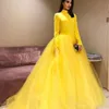 2023 Evening Dresses Wear Fashion Bright Yellow Elegant High Neck A Line Long Sleeves Zipper Back Floor Length Tulle Long Prom Dresses Women Party Gowns Sweep Train