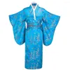 Etnisk kläder rosa tryck blomma ung dam japansk traditionell kimono badrock klänning full ärm kväll fest prom klänning satin v-hals