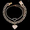 Anklets Bling Paved Rhinestone Heart Cuban Link Chain Set For Women Hip Hop Full Crystal Ankle Bracelet Foot Jewelry