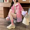 Women's Jackets Denim Coat Women Design Pink Gradually Color Autumn Loose Casual Versatile Tie-dyed Bear Print Fashion Street Cowboy Jacket